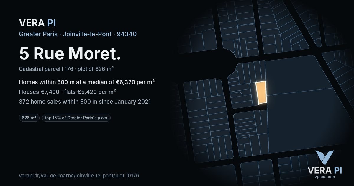 5 Rue Moret, Joinville-le-Pont at night – the plot lit, the parcels around coloured by the prices near them