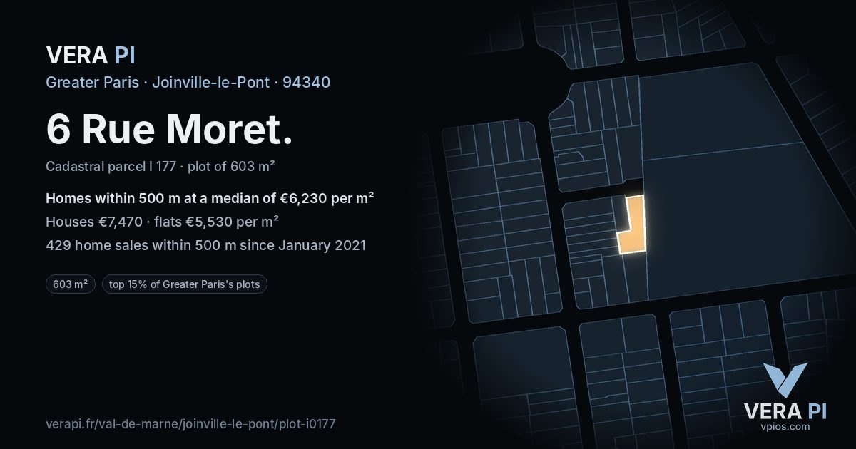 6 Rue Moret, Joinville-le-Pont at night – the plot lit, the parcels around coloured by the prices near them