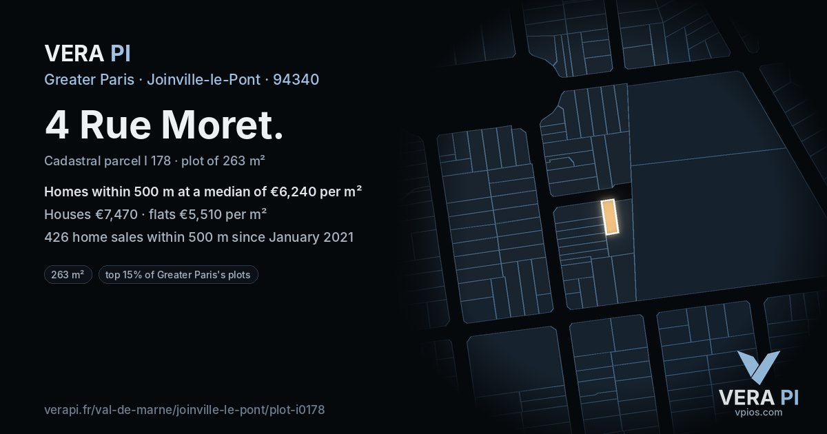 4 Rue Moret, Joinville-le-Pont at night – the plot lit, the parcels around coloured by the prices near them