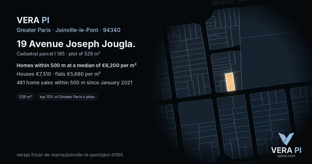 19 Avenue Joseph Jougla, Joinville-le-Pont at night – the plot lit, the parcels around coloured by the prices near them