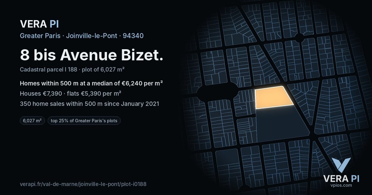 8 bis Avenue Bizet, Joinville-le-Pont at night – the plot lit, the parcels around coloured by the prices near them