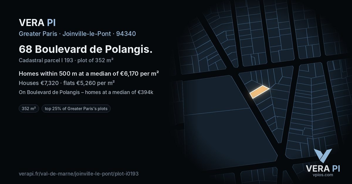 68 Boulevard de Polangis, Joinville-le-Pont at night – the plot lit, the parcels around coloured by the prices near them