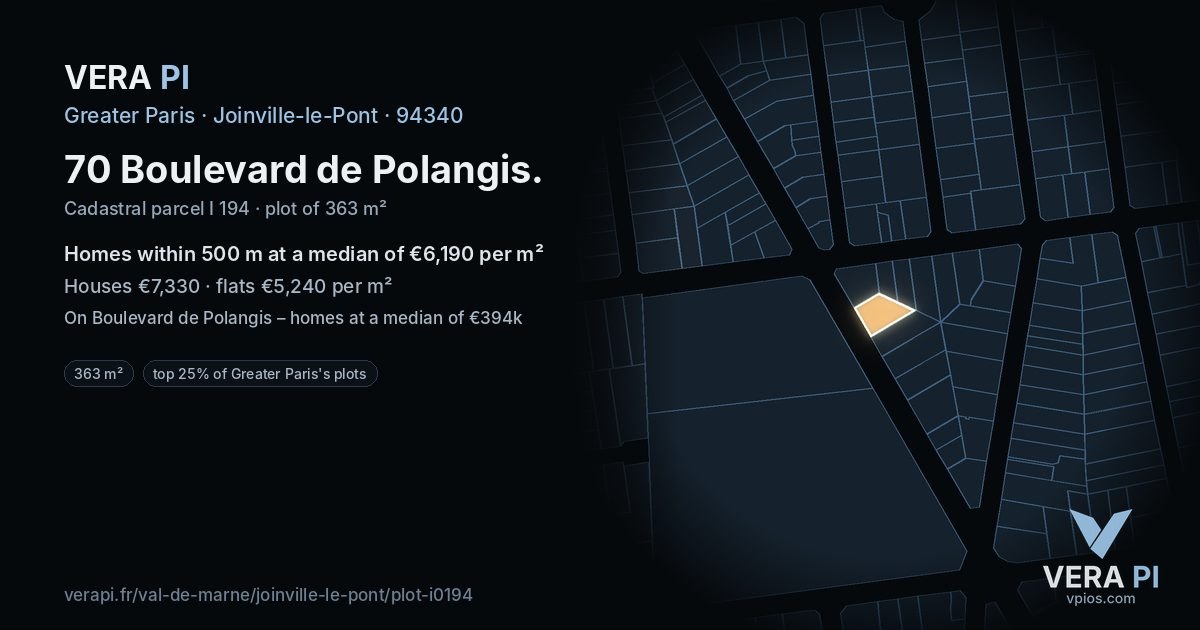 70 Boulevard de Polangis, Joinville-le-Pont at night – the plot lit, the parcels around coloured by the prices near them