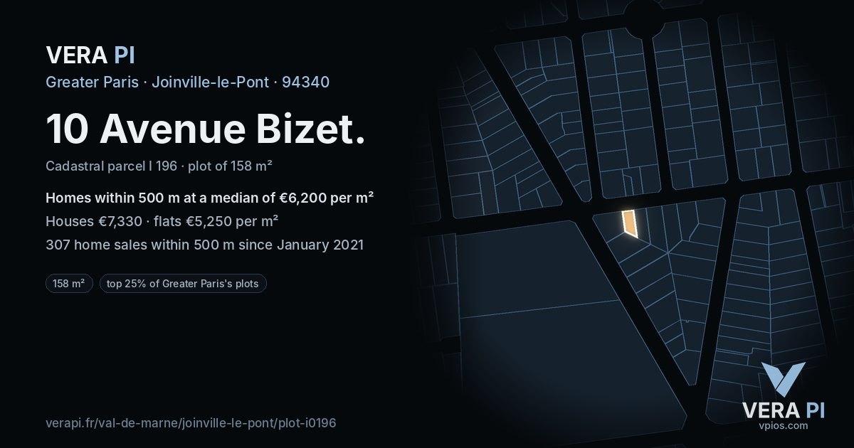 10 Avenue Bizet, Joinville-le-Pont at night – the plot lit, the parcels around coloured by the prices near them