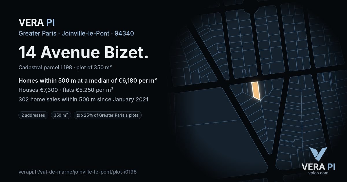 14 Avenue Bizet, Joinville-le-Pont at night – the plot lit, the parcels around coloured by the prices near them