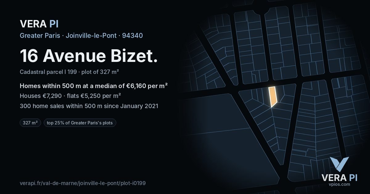 16 Avenue Bizet, Joinville-le-Pont at night – the plot lit, the parcels around coloured by the prices near them