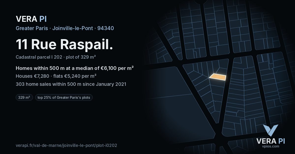 11 Rue Raspail, Joinville-le-Pont at night – the plot lit, the parcels around coloured by the prices near them