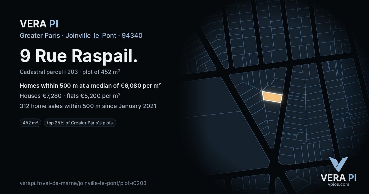 9 Rue Raspail, Joinville-le-Pont at night – the plot lit, the parcels around coloured by the prices near them