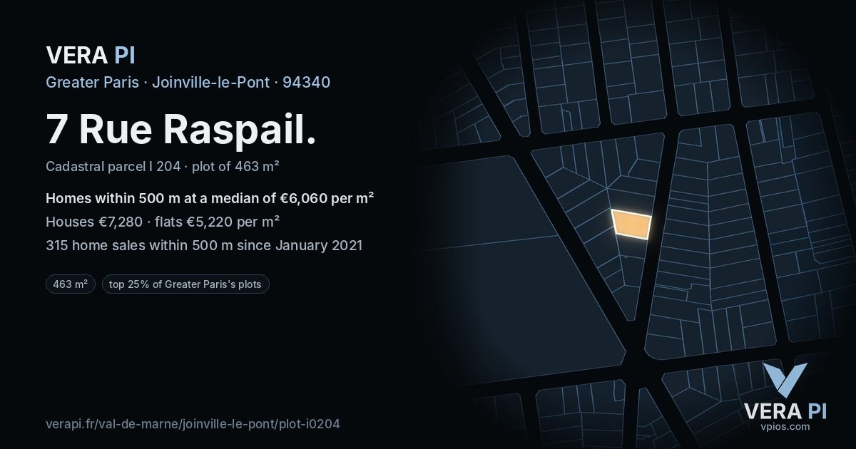 7 Rue Raspail, Joinville-le-Pont at night – the plot lit, the parcels around coloured by the prices near them