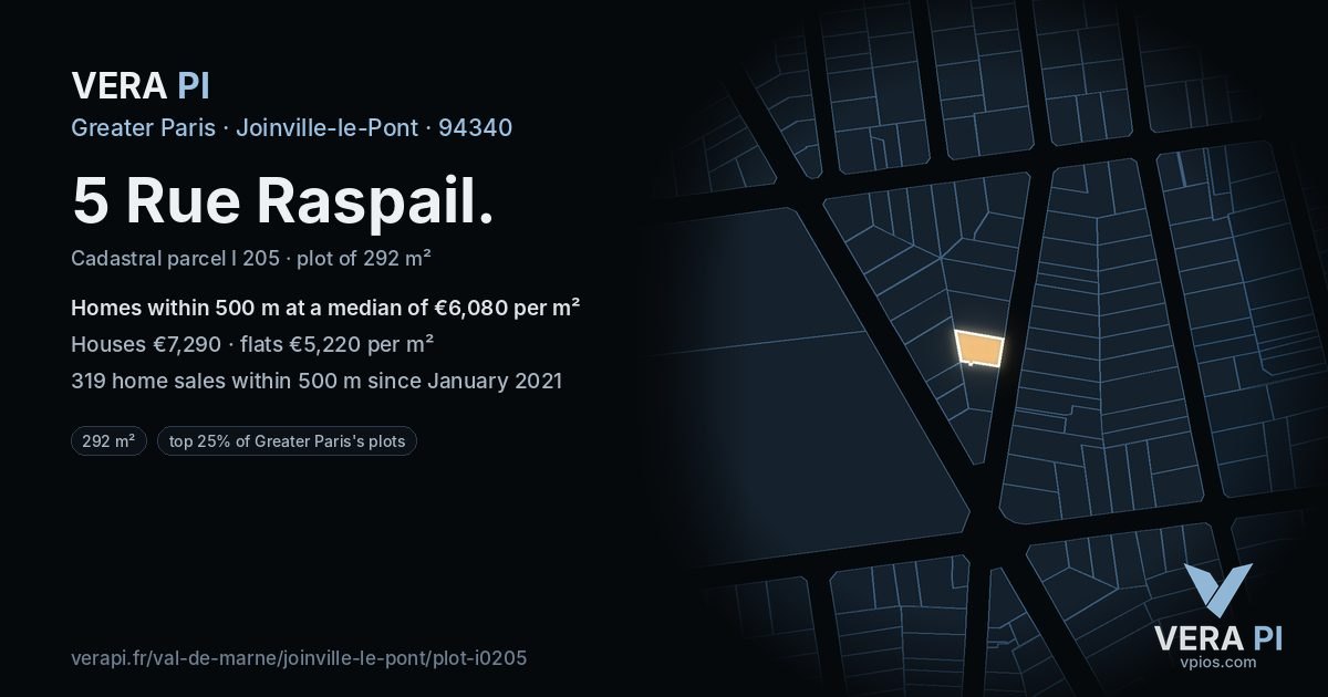 5 Rue Raspail, Joinville-le-Pont at night – the plot lit, the parcels around coloured by the prices near them