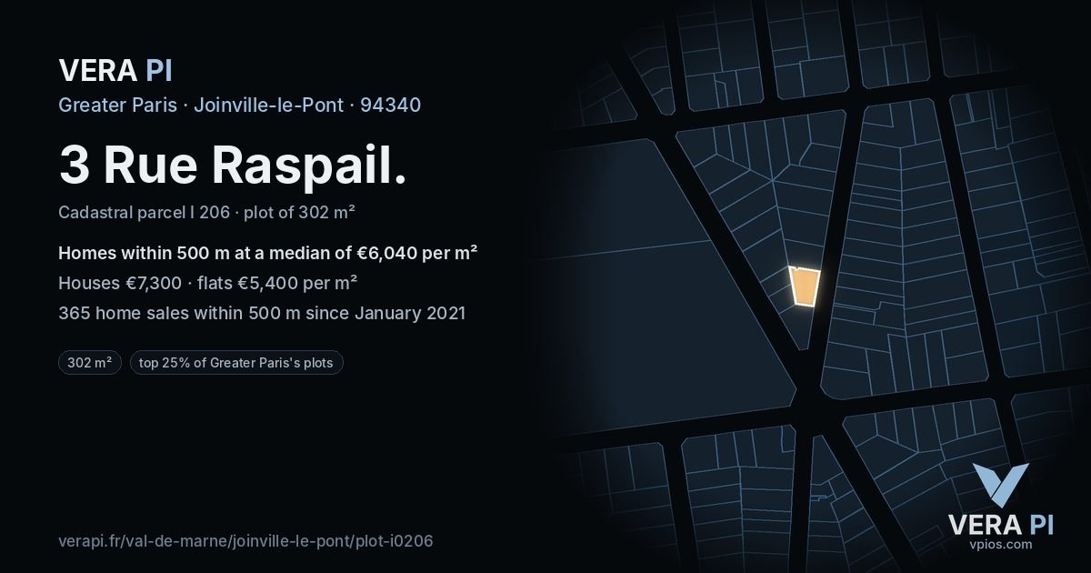 3 Rue Raspail, Joinville-le-Pont at night – the plot lit, the parcels around coloured by the prices near them