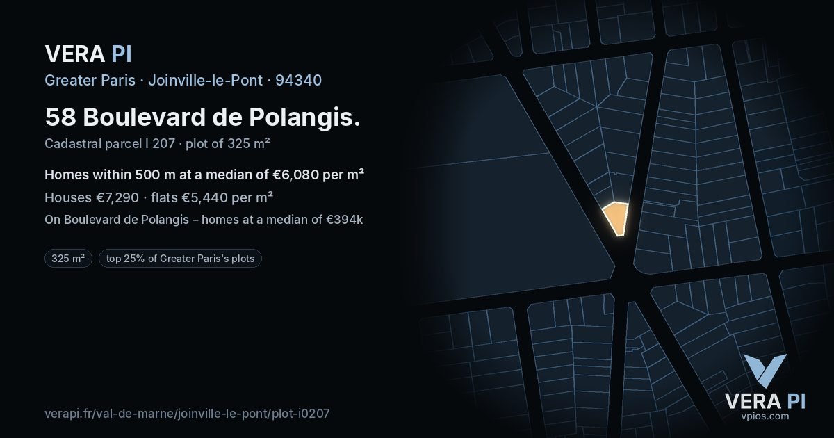 58 Boulevard de Polangis, Joinville-le-Pont at night – the plot lit, the parcels around coloured by the prices near them