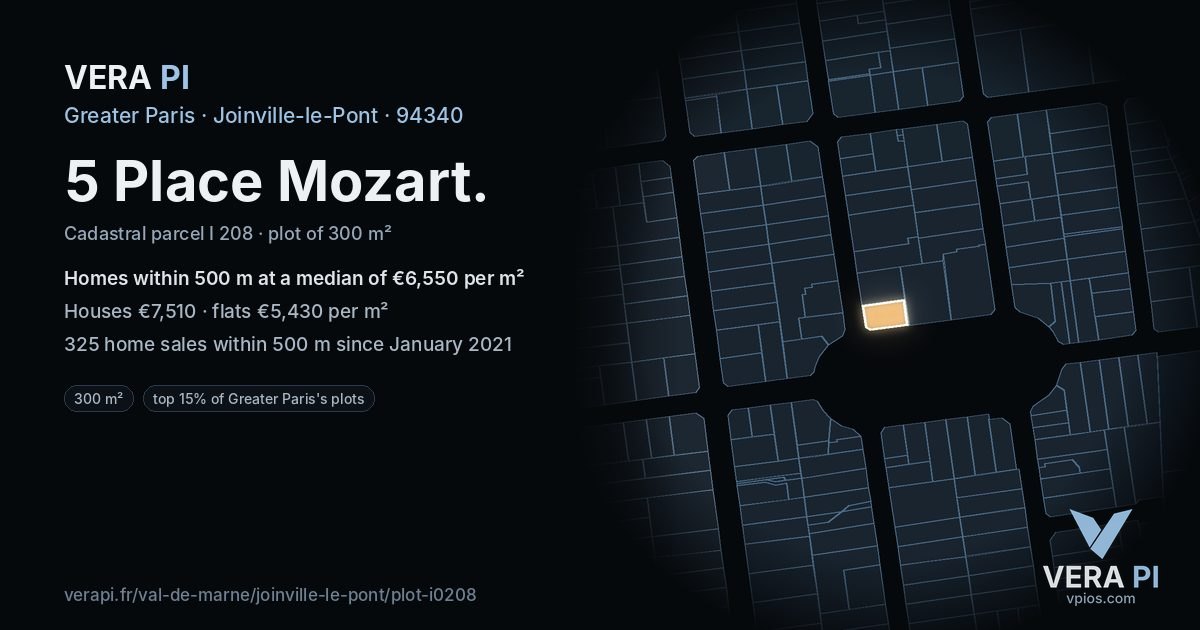5 Place Mozart, Joinville-le-Pont at night – the plot lit, the parcels around coloured by the prices near them