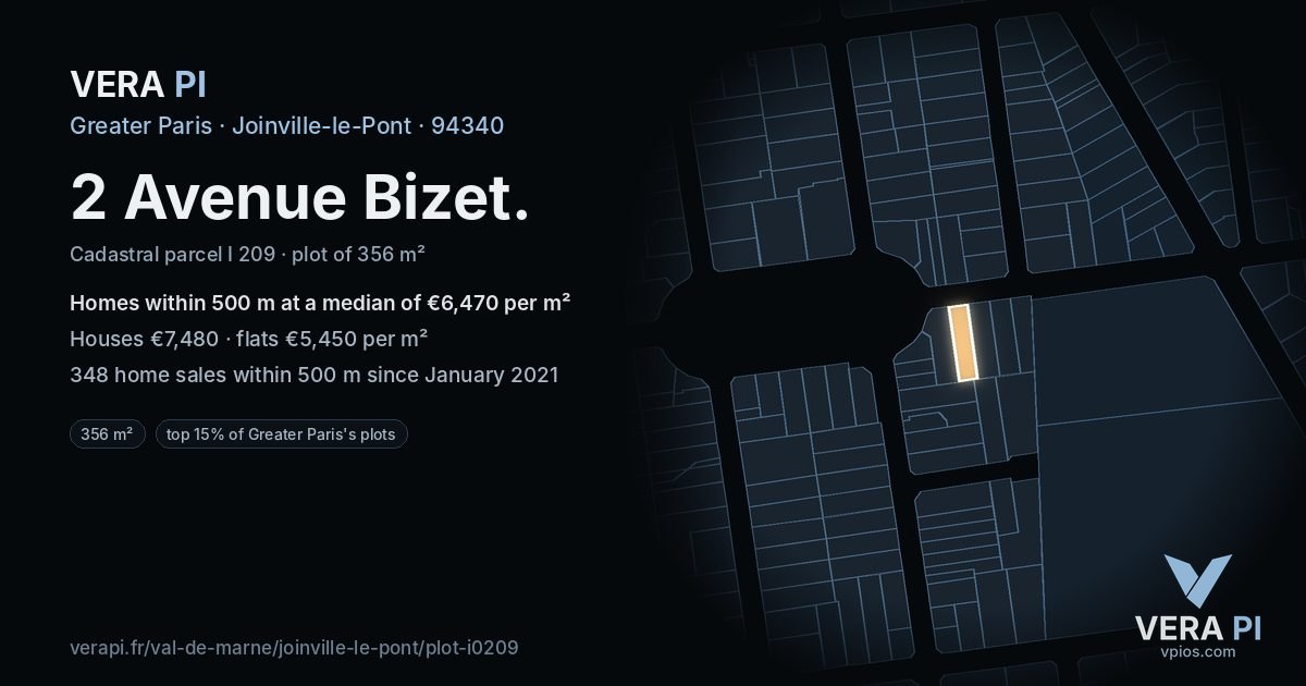 2 Avenue Bizet, Joinville-le-Pont at night – the plot lit, the parcels around coloured by the prices near them