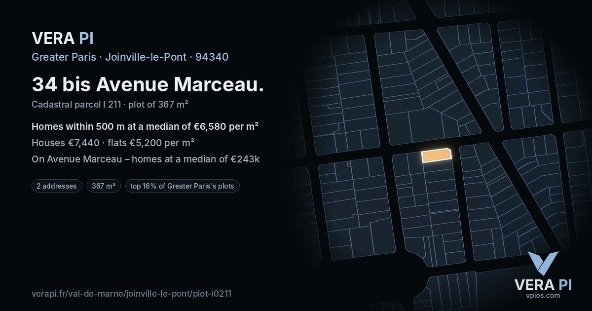 34 bis Avenue Marceau, Joinville-le-Pont at night – the plot lit, the parcels around coloured by the prices near them