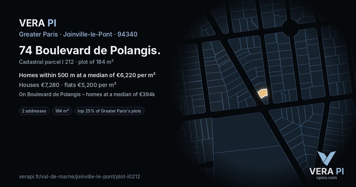 74 Boulevard de Polangis, Joinville-le-Pont at night – the plot lit, the parcels around coloured by the prices near them