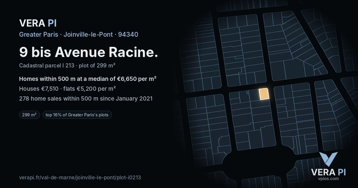 9 bis Avenue Racine, Joinville-le-Pont at night – the plot lit, the parcels around coloured by the prices near them