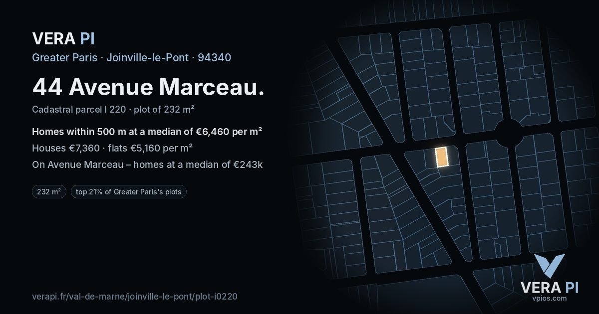 44 Avenue Marceau, Joinville-le-Pont at night – the plot lit, the parcels around coloured by the prices near them