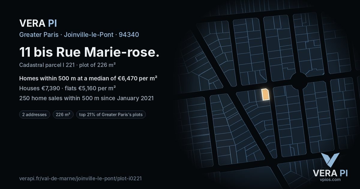 11 bis Rue Marie-rose, Joinville-le-Pont at night – the plot lit, the parcels around coloured by the prices near them