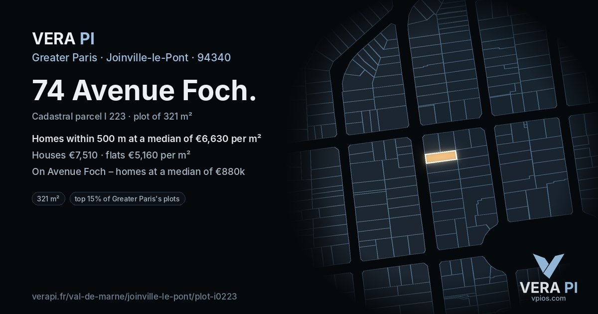 74 Avenue Foch, Joinville-le-Pont at night – the plot lit, the parcels around coloured by the prices near them