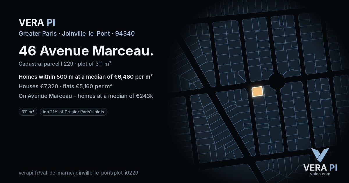 46 Avenue Marceau, Joinville-le-Pont at night – the plot lit, the parcels around coloured by the prices near them