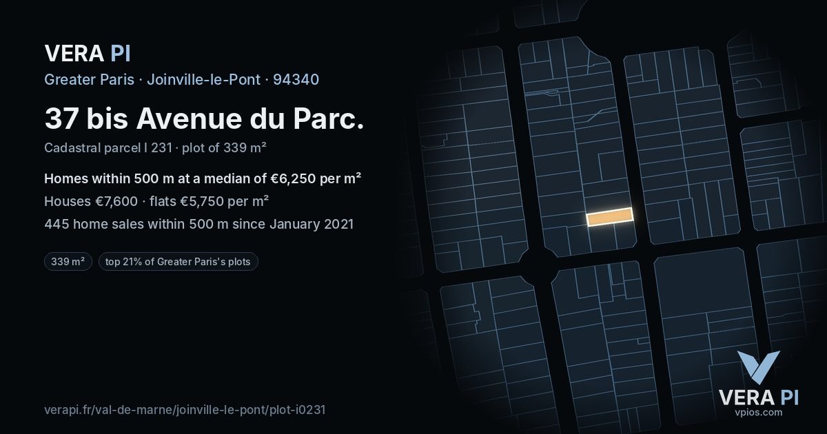 37 bis Avenue du Parc, Joinville-le-Pont at night – the plot lit, the parcels around coloured by the prices near them
