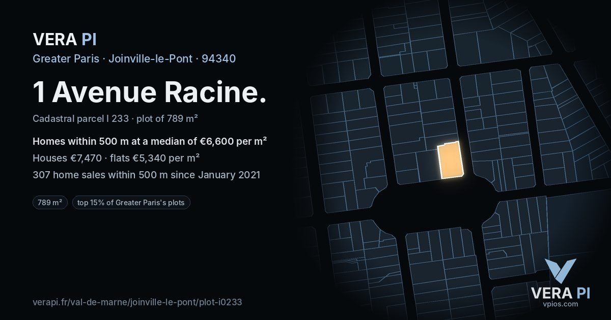 1 Avenue Racine, Joinville-le-Pont at night – the plot lit, the parcels around coloured by the prices near them