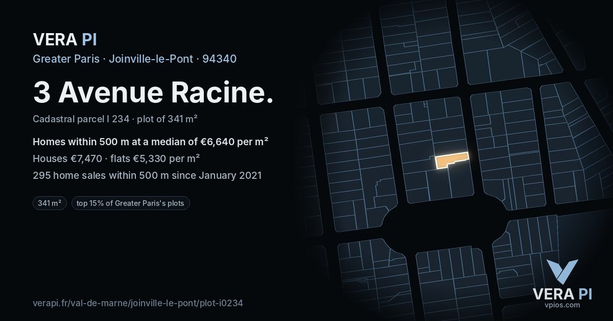 3 Avenue Racine, Joinville-le-Pont at night – the plot lit, the parcels around coloured by the prices near them