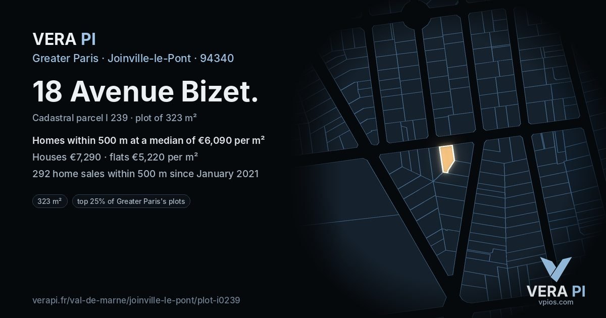 18 Avenue Bizet, Joinville-le-Pont at night – the plot lit, the parcels around coloured by the prices near them