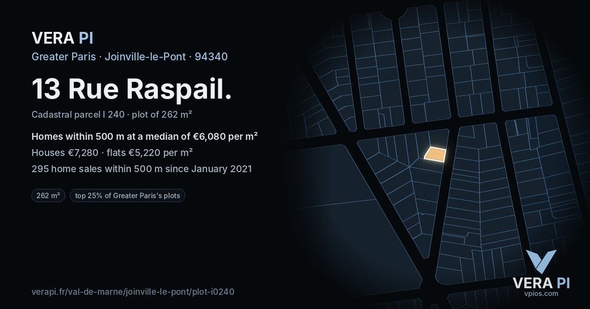 13 Rue Raspail, Joinville-le-Pont at night – the plot lit, the parcels around coloured by the prices near them