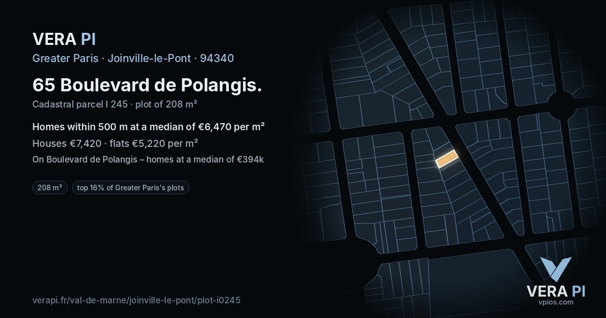 65 Boulevard de Polangis, Joinville-le-Pont at night – the plot lit, the parcels around coloured by the prices near them