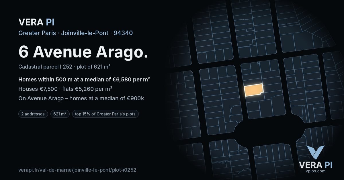 6 Avenue Arago, Joinville-le-Pont at night – the plot lit, the parcels around coloured by the prices near them
