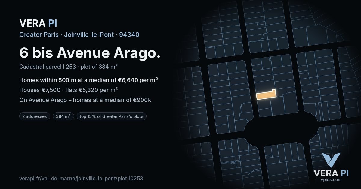 6 bis Avenue Arago, Joinville-le-Pont at night – the plot lit, the parcels around coloured by the prices near them