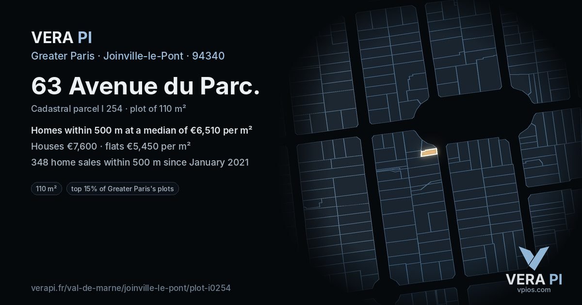 63 Avenue du Parc, Joinville-le-Pont at night – the plot lit, the parcels around coloured by the prices near them