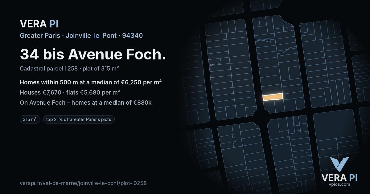 34 bis Avenue Foch, Joinville-le-Pont at night – the plot lit, the parcels around coloured by the prices near them