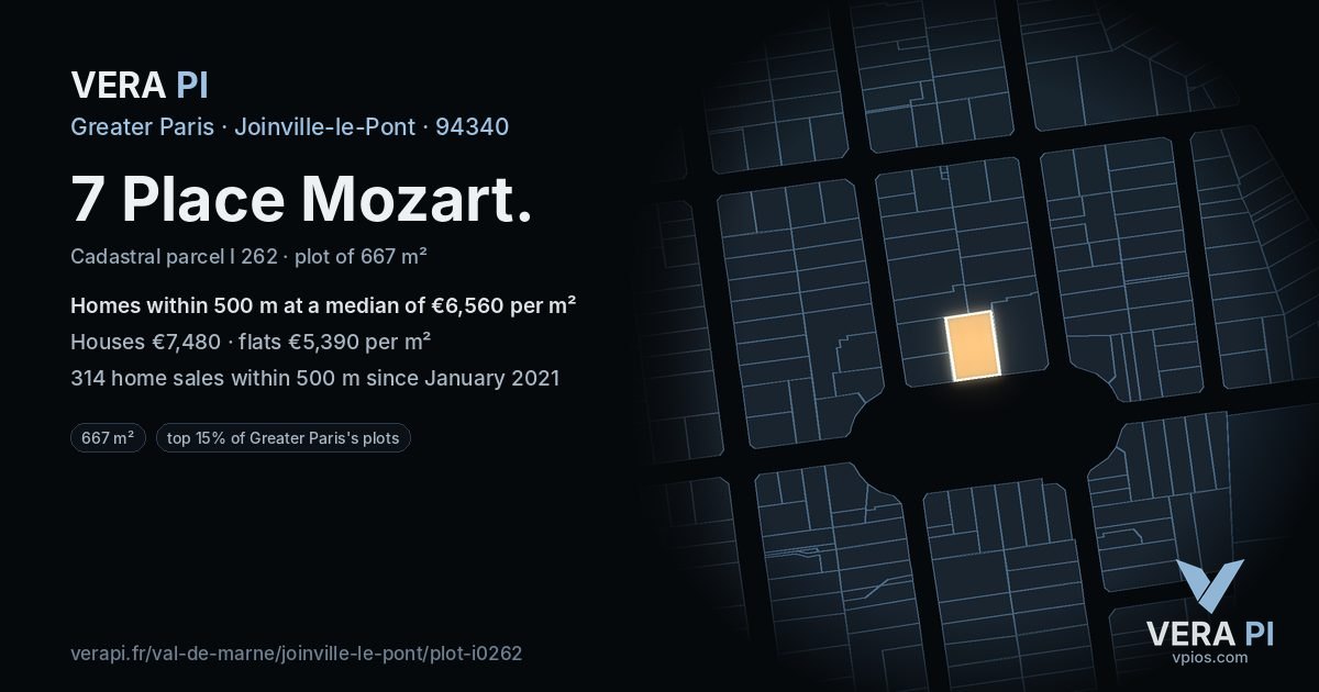 7 Place Mozart, Joinville-le-Pont at night – the plot lit, the parcels around coloured by the prices near them