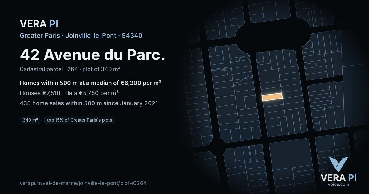 42 Avenue du Parc, Joinville-le-Pont at night – the plot lit, the parcels around coloured by the prices near them