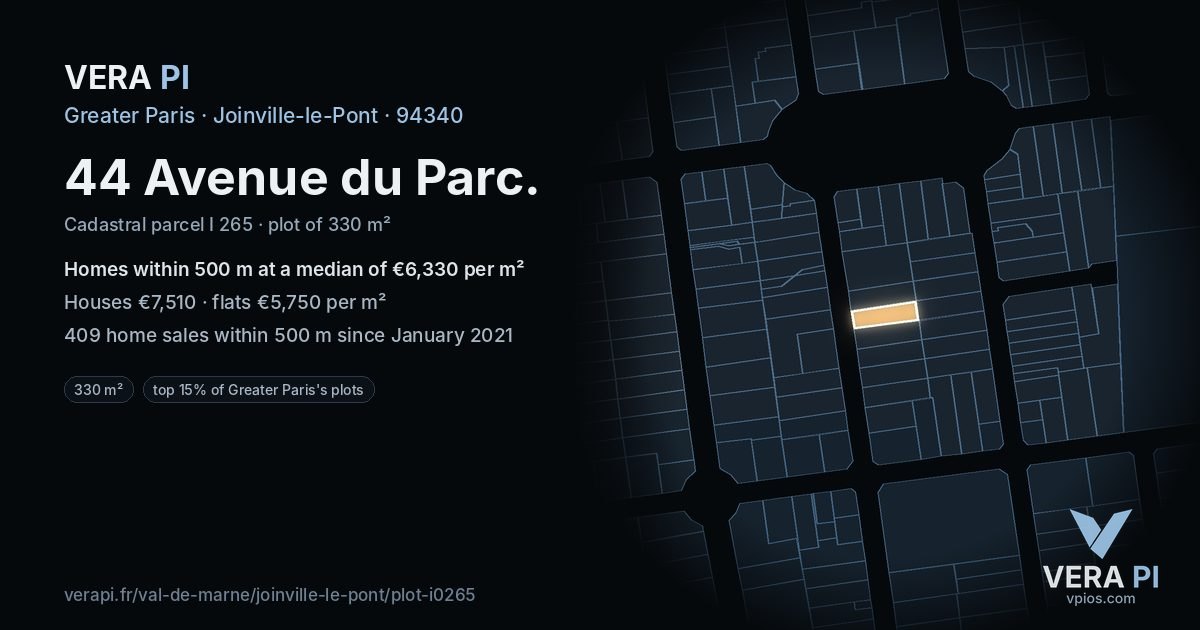 44 Avenue du Parc, Joinville-le-Pont at night – the plot lit, the parcels around coloured by the prices near them