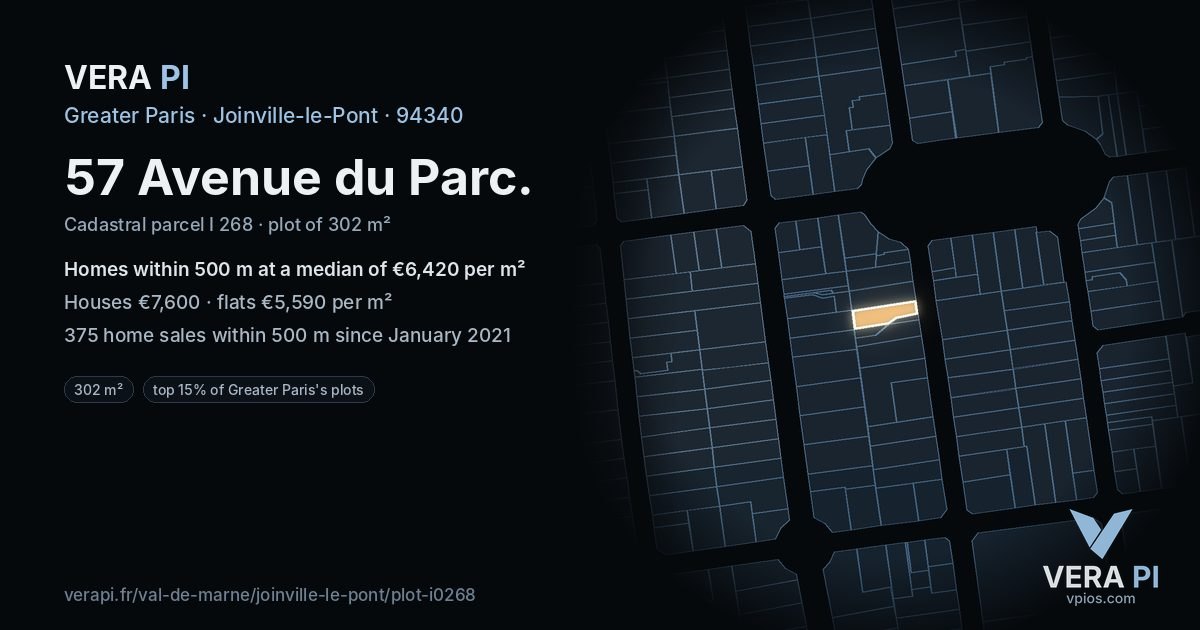 57 Avenue du Parc, Joinville-le-Pont at night – the plot lit, the parcels around coloured by the prices near them