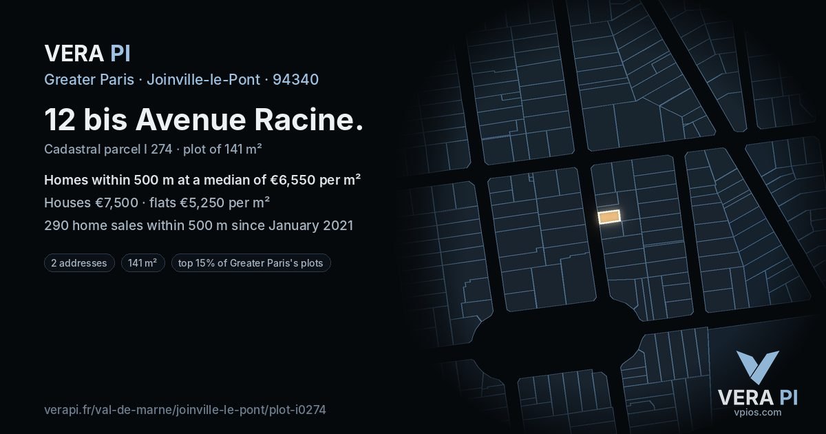 12 bis Avenue Racine, Joinville-le-Pont at night – the plot lit, the parcels around coloured by the prices near them