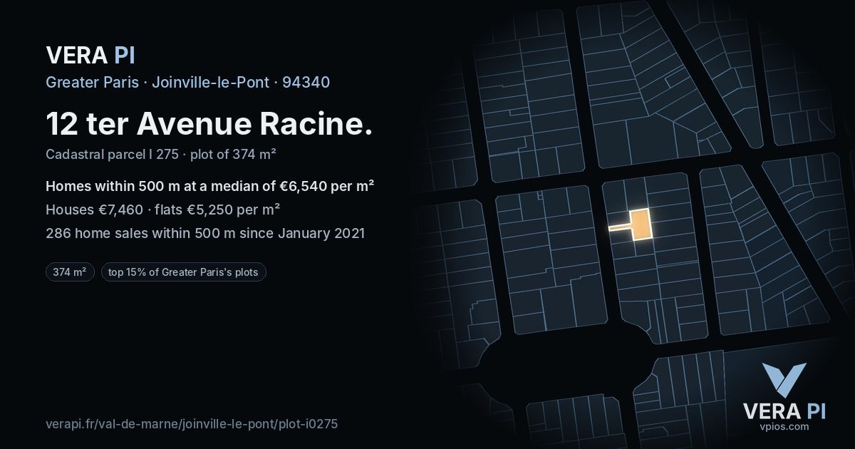 12 ter Avenue Racine, Joinville-le-Pont at night – the plot lit, the parcels around coloured by the prices near them