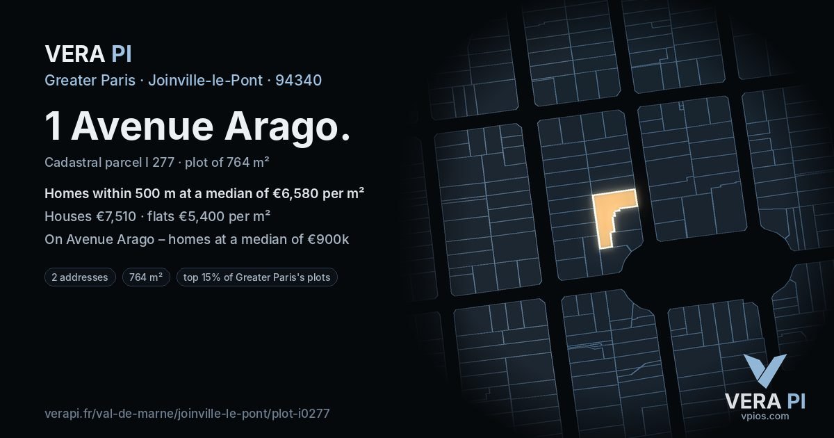 1 Avenue Arago, Joinville-le-Pont at night – the plot lit, the parcels around coloured by the prices near them