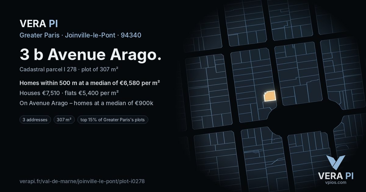 3 b Avenue Arago, Joinville-le-Pont at night – the plot lit, the parcels around coloured by the prices near them
