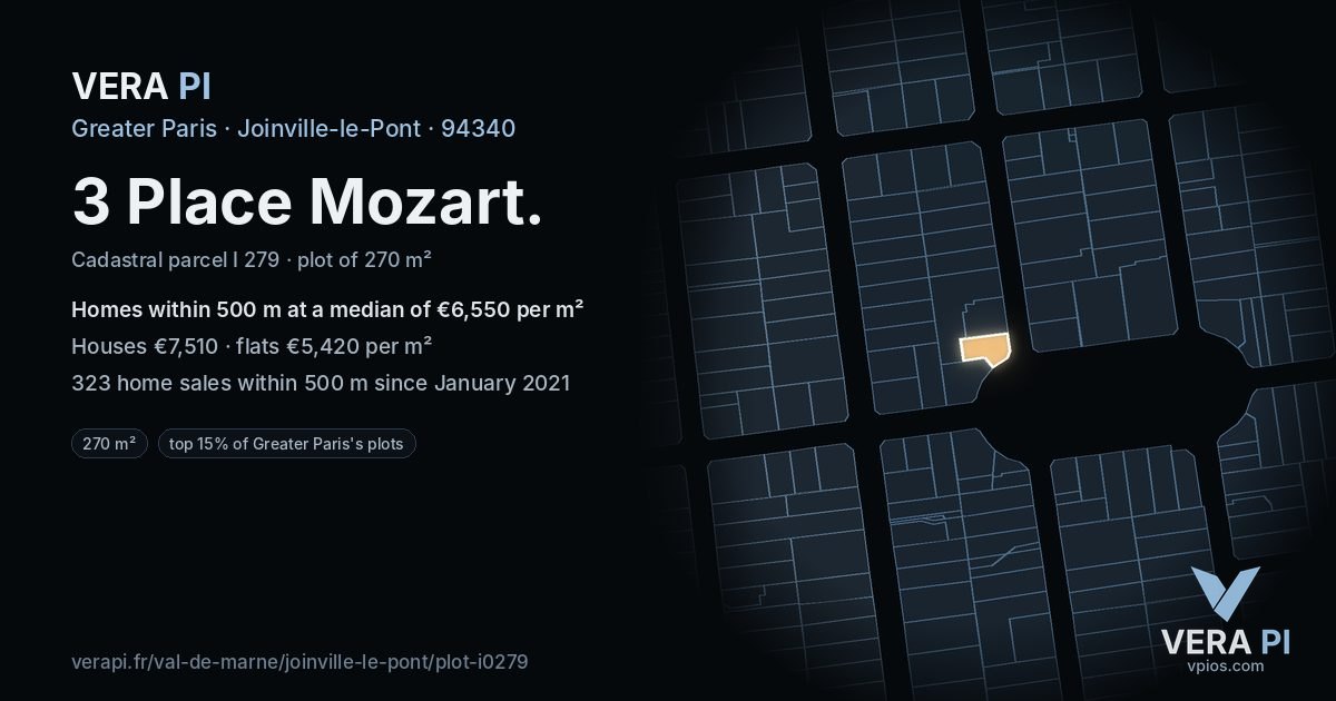 3 Place Mozart, Joinville-le-Pont at night – the plot lit, the parcels around coloured by the prices near them