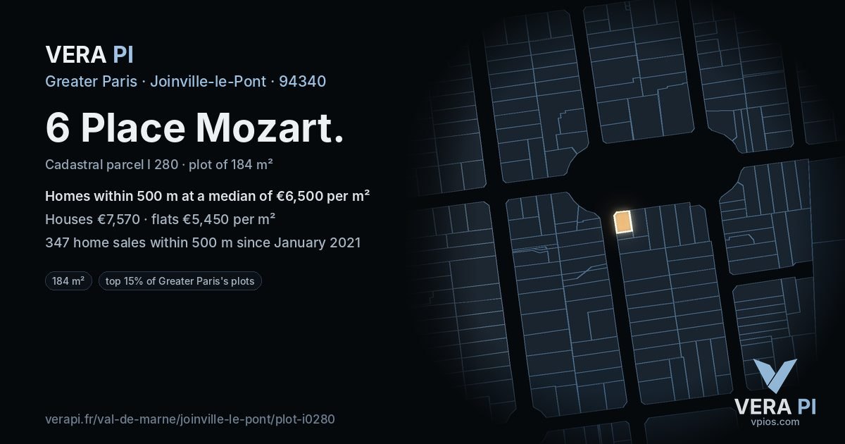 6 Place Mozart, Joinville-le-Pont at night – the plot lit, the parcels around coloured by the prices near them