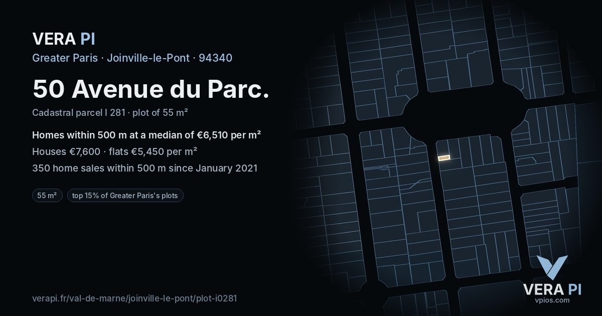 50 Avenue du Parc, Joinville-le-Pont at night – the plot lit, the parcels around coloured by the prices near them
