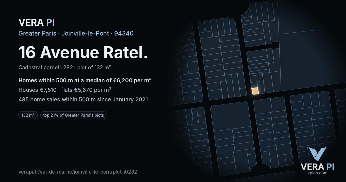 16 Avenue Ratel, Joinville-le-Pont at night – the plot lit, the parcels around coloured by the prices near them