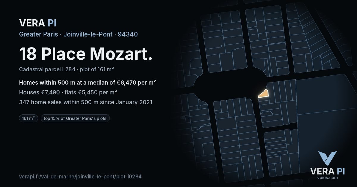 18 Place Mozart, Joinville-le-Pont at night – the plot lit, the parcels around coloured by the prices near them