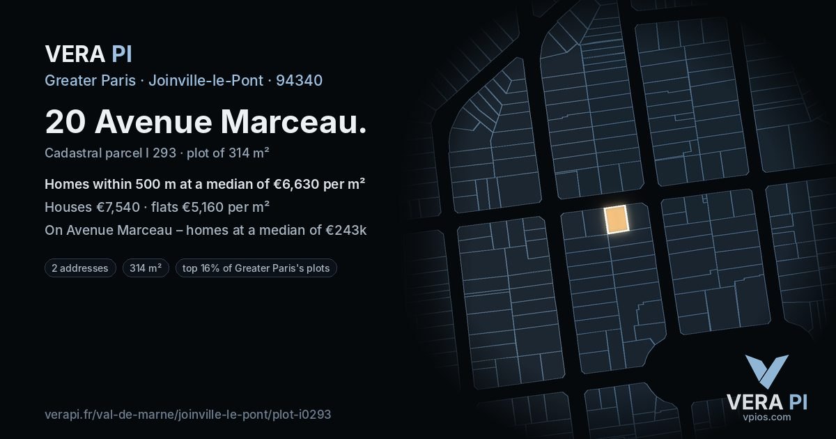 20 Avenue Marceau, Joinville-le-Pont at night – the plot lit, the parcels around coloured by the prices near them