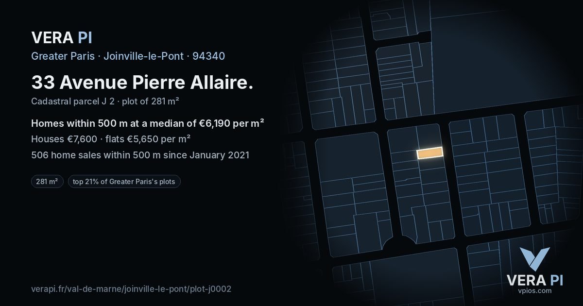 33 Avenue Pierre Allaire, Joinville-le-Pont at night – the plot lit, the parcels around coloured by the prices near them